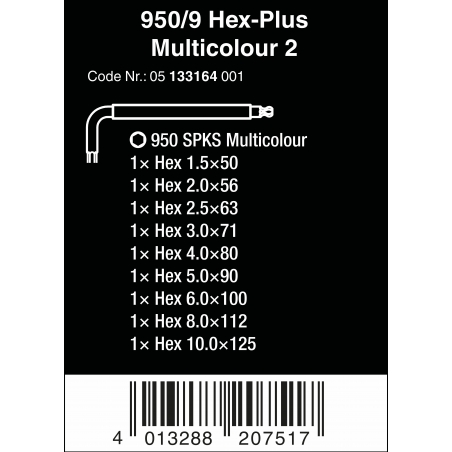 WERA inbussleutelset 950 SPKS/9 SB Multicolour metrisch, BlackLaser