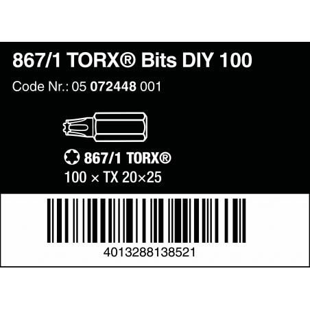 WERA TORX® TX 20 Z-bits 867/1 DIY 100 stuks WERA TORX® TX 20 Z-bits 867/1 DIY 100 stuks