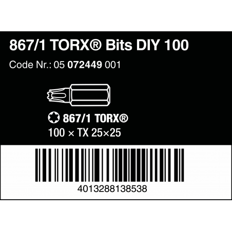 WERA TORX® TX 25 Z-bits 867/1 DIY 100 stuks WERA TORX® TX 25 Z-bits 867/1 DIY 100 stuks
