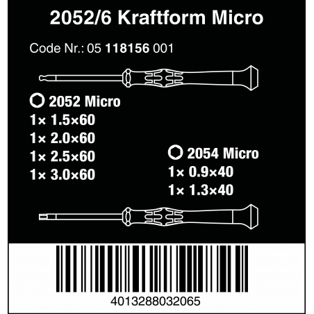 WERA Kraftform Micro 2052/6 set. Inbus-kogelkop