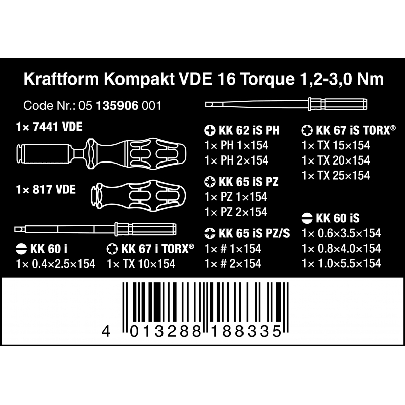 16 pièces Rouge Wera 05135906001 Kraftform Kompakt VDE Torque 1,2-3,0 Nm 817 