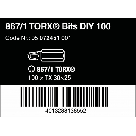 WERA TORX® TX 30 Z-bits 867/1 DIY 100 stuks WERA TORX® TX 30 Z-bits 867/1 DIY 100 stuks