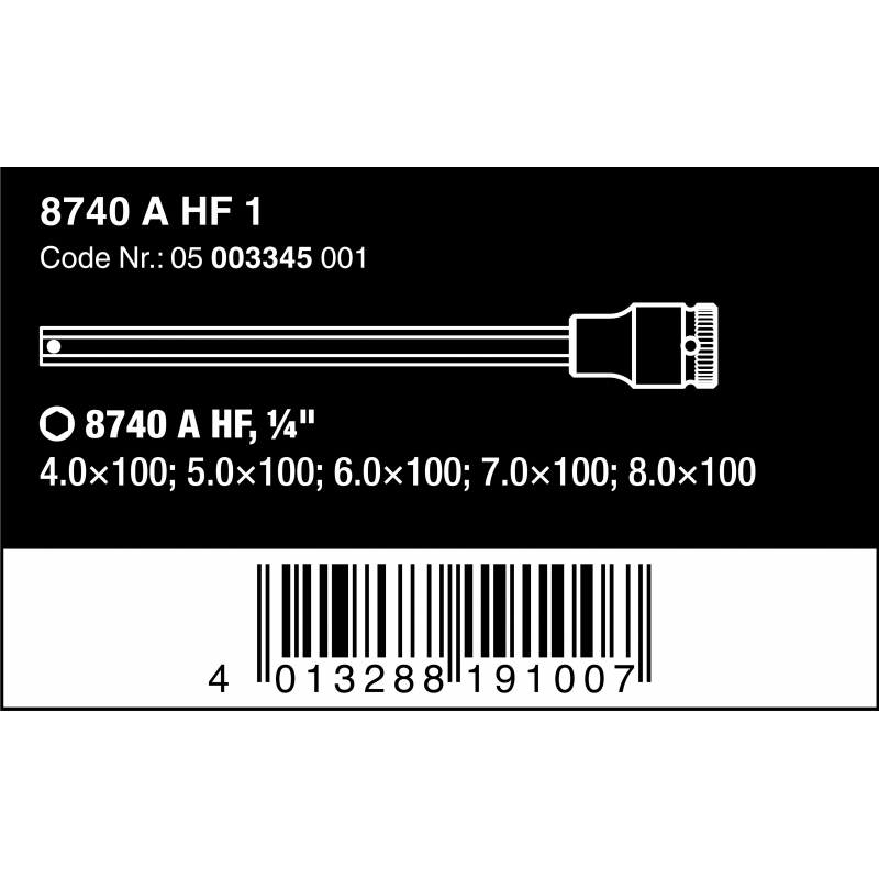 WERA 8740 A INBUS/BINNENZESKANT BIT-DOPPEN-SET LANG, MET VASTHOUDFUNCTIE 1/4"-AANDRIJVING WERA 8740 A INBUS/BINNENZESKANT BIT-DOPPEN-SET LANG, MET VASTHOUDFUNCTIE 1/4"-AANDRIJVING