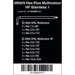 WERA Inbussleutelset RVS 3950/9 HF Multicolour met vasthoudfunctie 05022699001 4013288224477