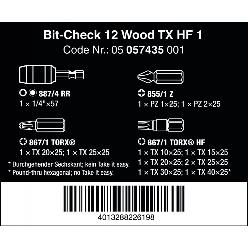 WERA Bit-Check 12 Wood TX HF 1 vasthoudfunctie 05057435 4013288226198 WERA Bit-Check 12 Wood TX HF 1 vasthoudfunctie 05057435 4013288226198