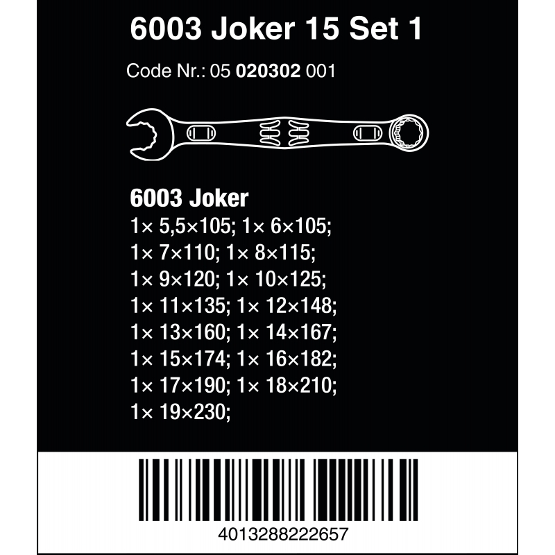 WERA 6003 Joker 15-delige Ringsteeksleutel 4013288222657 05 020302 001 WERA 6003 Joker 15-delige Ringsteeksleutel 4013288222657 05 020302 001