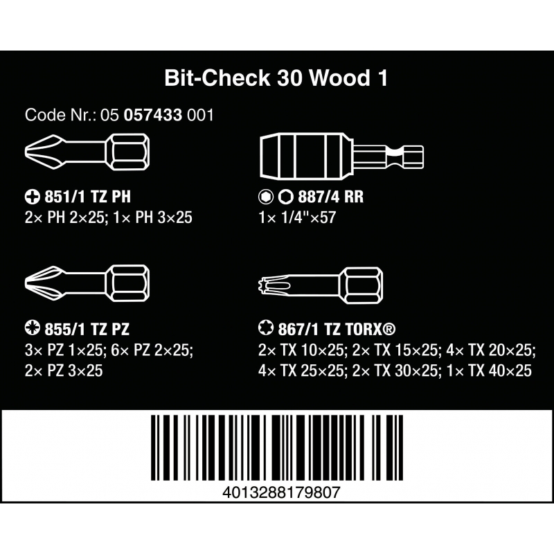 WERA Bit-Check 30 Wood 1 30-delig 05057433001 4013288179807 WERA Bit-Check 30 Wood 1 30-delig 05057433001 4013288179807