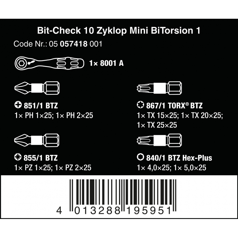 WERA Bit-Check 10 Zyklop mini BiTorsion 1, 30-delig 05057418001 4013288195951