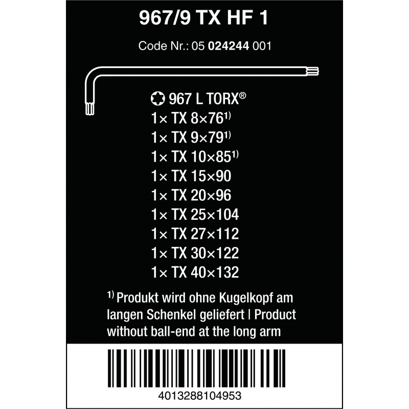 WERA 967/9 TORX® HF 1 Stiftsleutelset met vasthoudfunctie, Blacklaser 05024244001 4013288104953