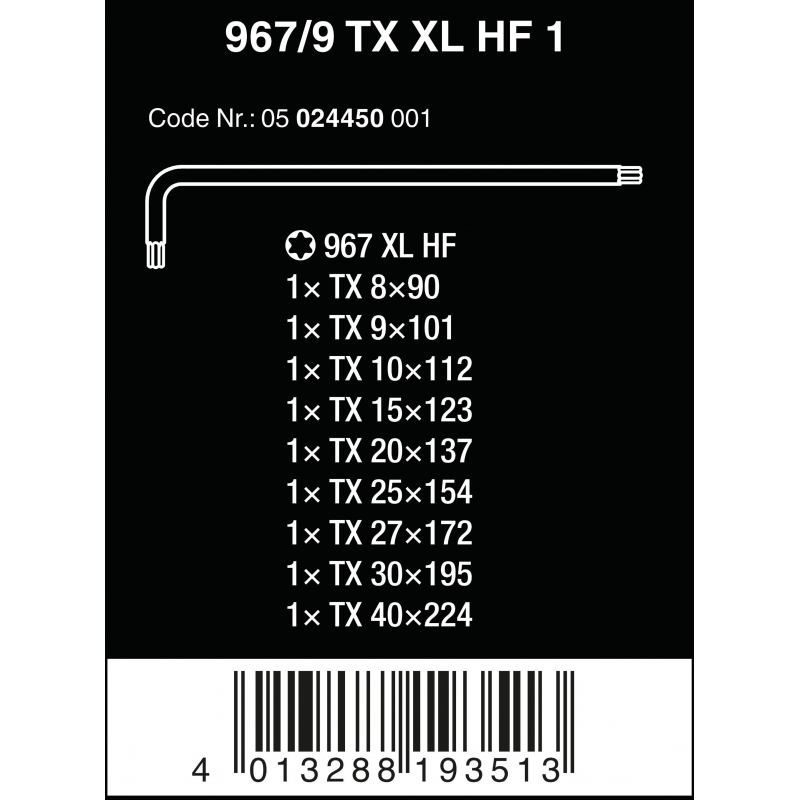WERA 967/9 TORX® XL HF 1 Lange stiftsleutelset met vasthoudfunctie, Blacklaser 05024450001 4013288193513