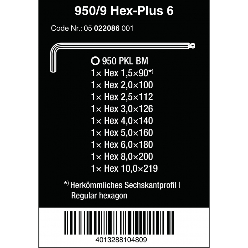 WERA Lange inbussleutelset 950/9 metrisch, BlackLaser 9-delig 05022086001 4013288104809