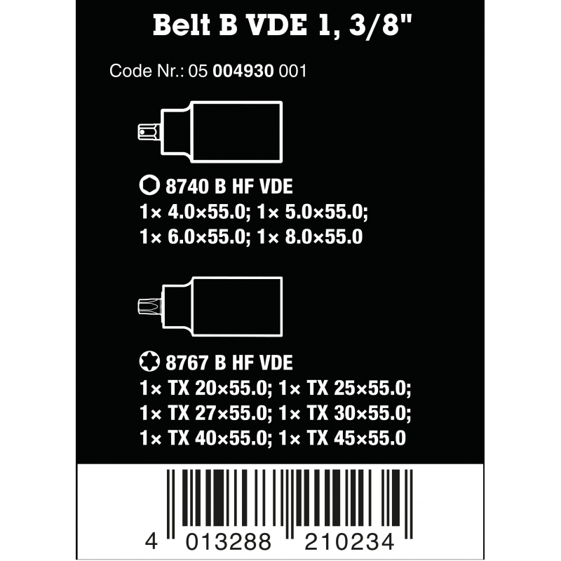 WERA Belt B VDE TORX® en Inbus Bitdoppen set-3/8"-aandrijving 05004930001 4013288210234 WERA Belt B VDE TORX® en Inbus Bitdoppen set-3/8"-aandrijving 05004930001 4013288210234