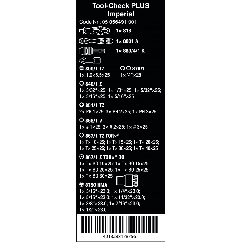 WERA Tool-Check PLUS-Imperial(in inches) 056491  4013288178756 WERA Tool-Check PLUS-Imperial(in inches) 056491  4013288178756