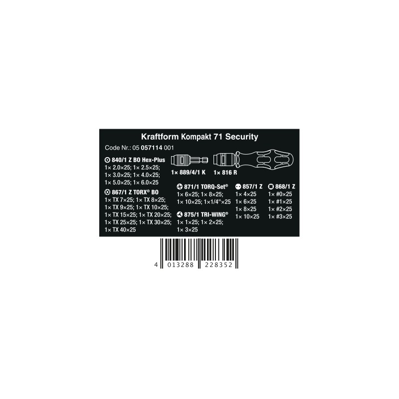 WERA Kraftform Compact 71 Security, 32-delig 05057114001 4013288228352 WERA Kraftform Compact 71 Security, 32-delig 05057114001 4013288228352