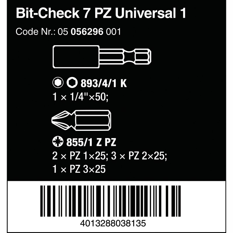 WERA Bit-Check 7 PZ Universal 1, 7-delig 05056296001 4013288038135 WERA Bit-Check 7 PZ Universal 1, 7-delig 05056296001 4013288038135