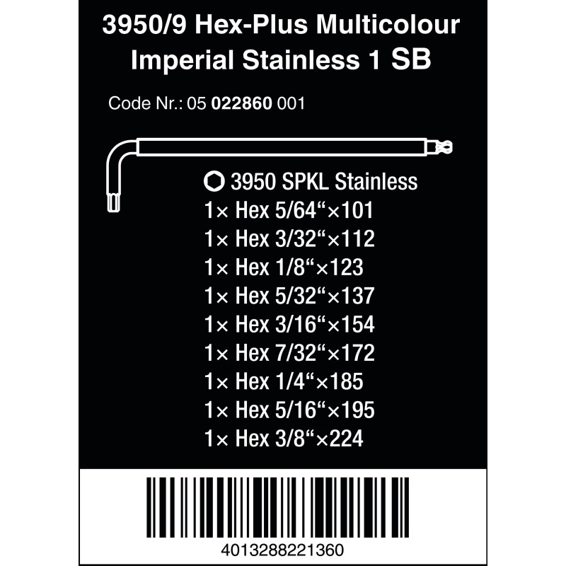 WERA Inbussleutelset RVS 3950/9 Multicolour Imperial 1 05022860001 4013288221360