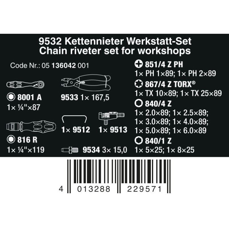 WERA 9532 Bicycle Kettingpons werkplaatsset, 20-delig 05136042001 4013288229571