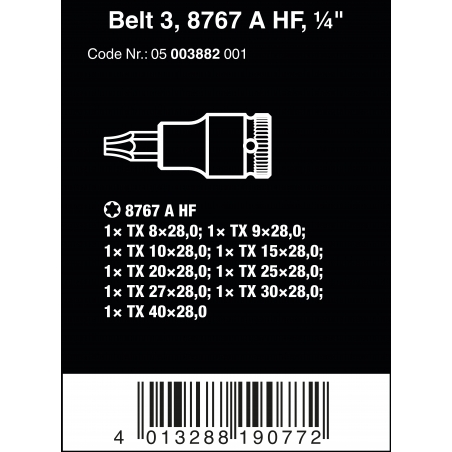 WERA BELT 3 TORX® HF ZYKLOP BITDOPPEN SET TORX®, MET VASTHOUDFUNCTIE, 1/4" -AANDRIJVING WERA BELT 3 TORX® HF ZYKLOP BITDOPPEN SET TORX®, MET VASTHOUDFUNCTIE, 1/4" -AANDRIJVING